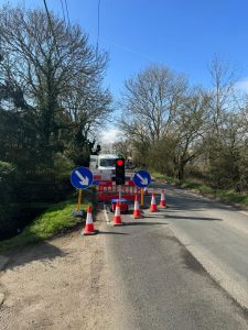 Temporary traffic lights set up at road works