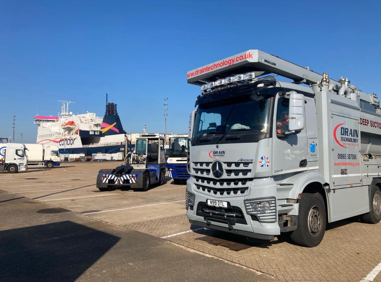 Drain Technology lorry waiting to board a ferry.