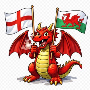 Dragon illustration holding the England flag and the Welsh flag. 