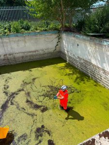 Man cleaning an empty pool