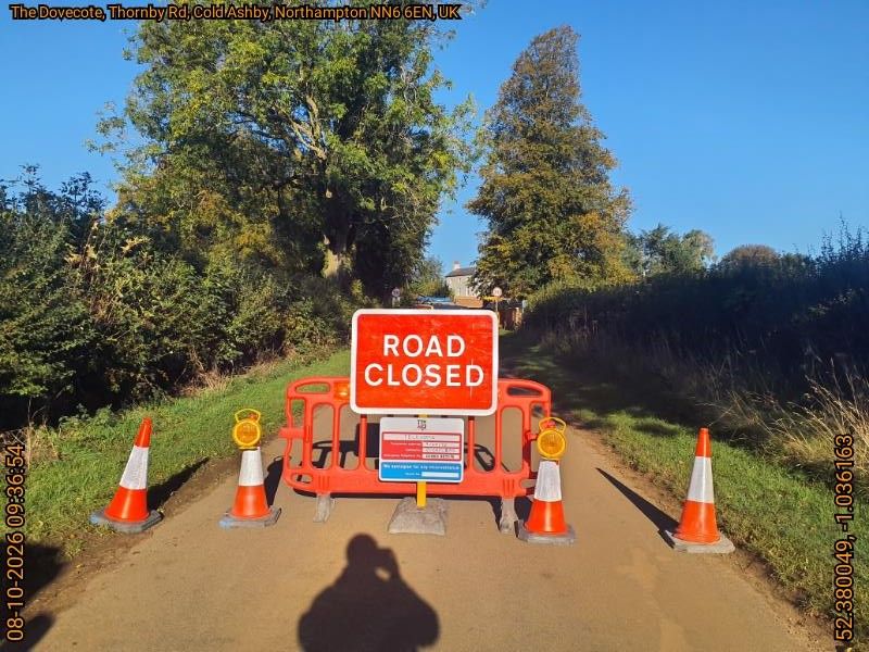 red road closed sign with orange traffic cones and greenery behind